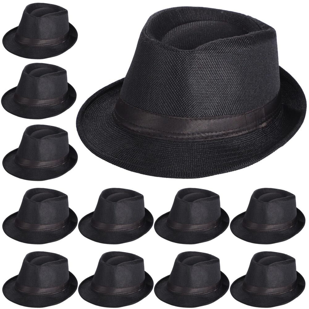 9312 12 Pcs 's Fedora Hats, 1920s Style Jazz Hats, Black Straw Hats